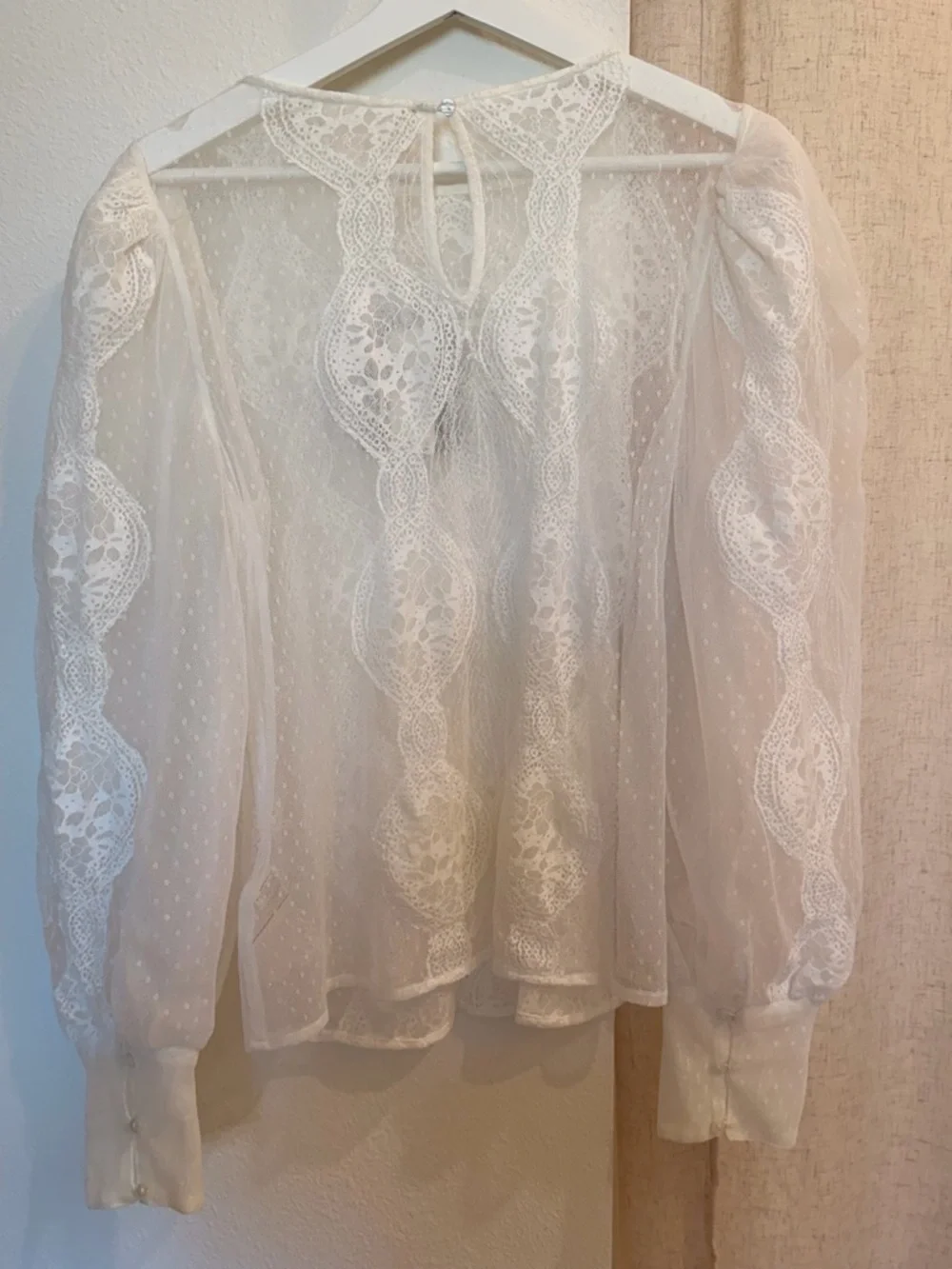 Anthropologie White Sheer Lace Puff-Sleeve Blouse
